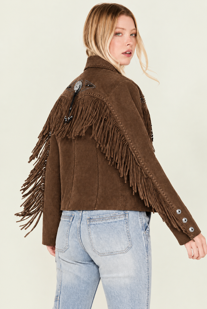 Stylish Western Suede Leather Jacket For Women With Fringes