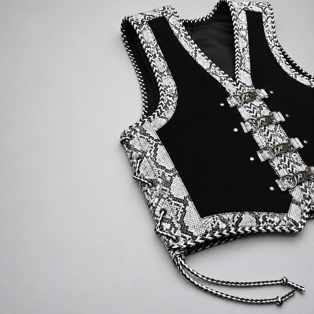 Black Snakeskin Print Gothic Leather Biker Vest