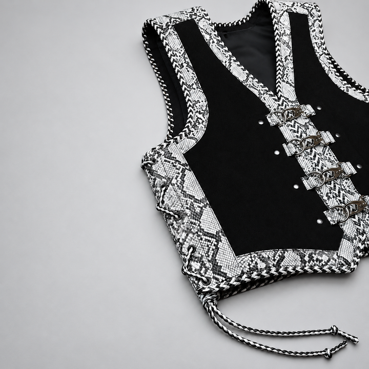 Black Snakeskin Print Gothic Leather Biker Vest