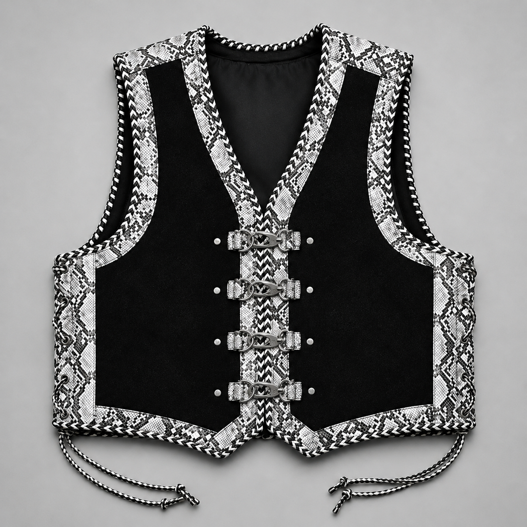 Black Snakeskin Print Gothic Leather Biker Vest
