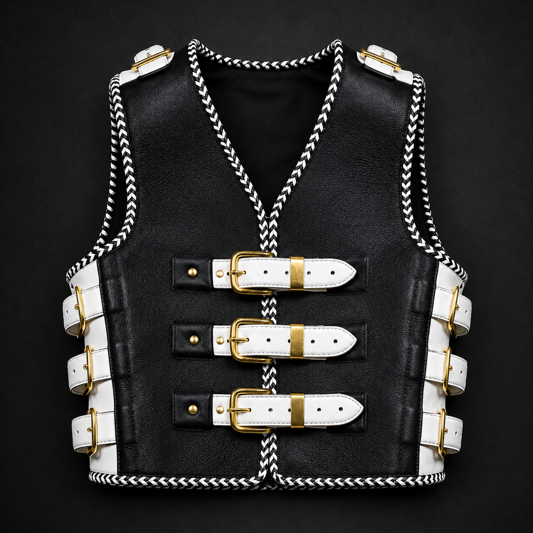 Black Leather Gothic Biker Vest with White Buckle Straps