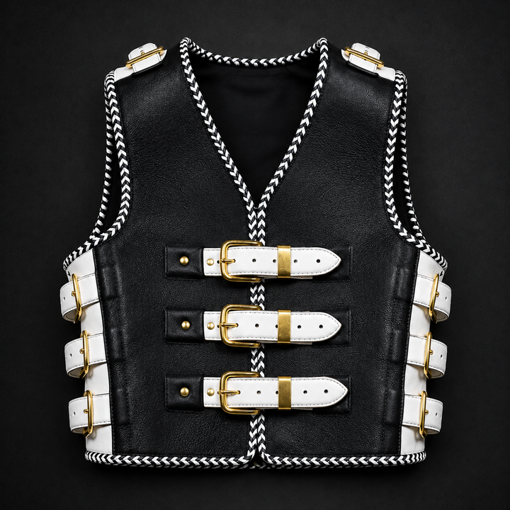 Black Leather Gothic Biker Vest with White Buckle Straps