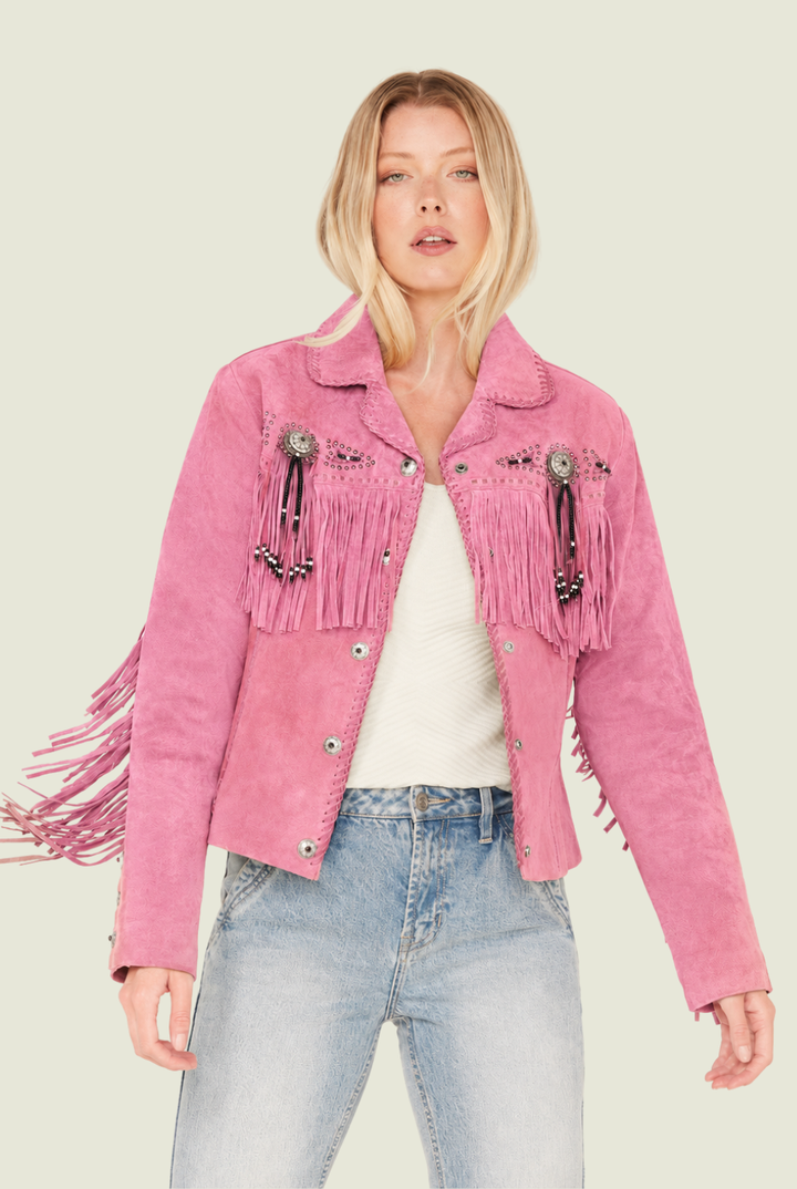 Stylish Western Suede Leather Jacket For Women With Fringes