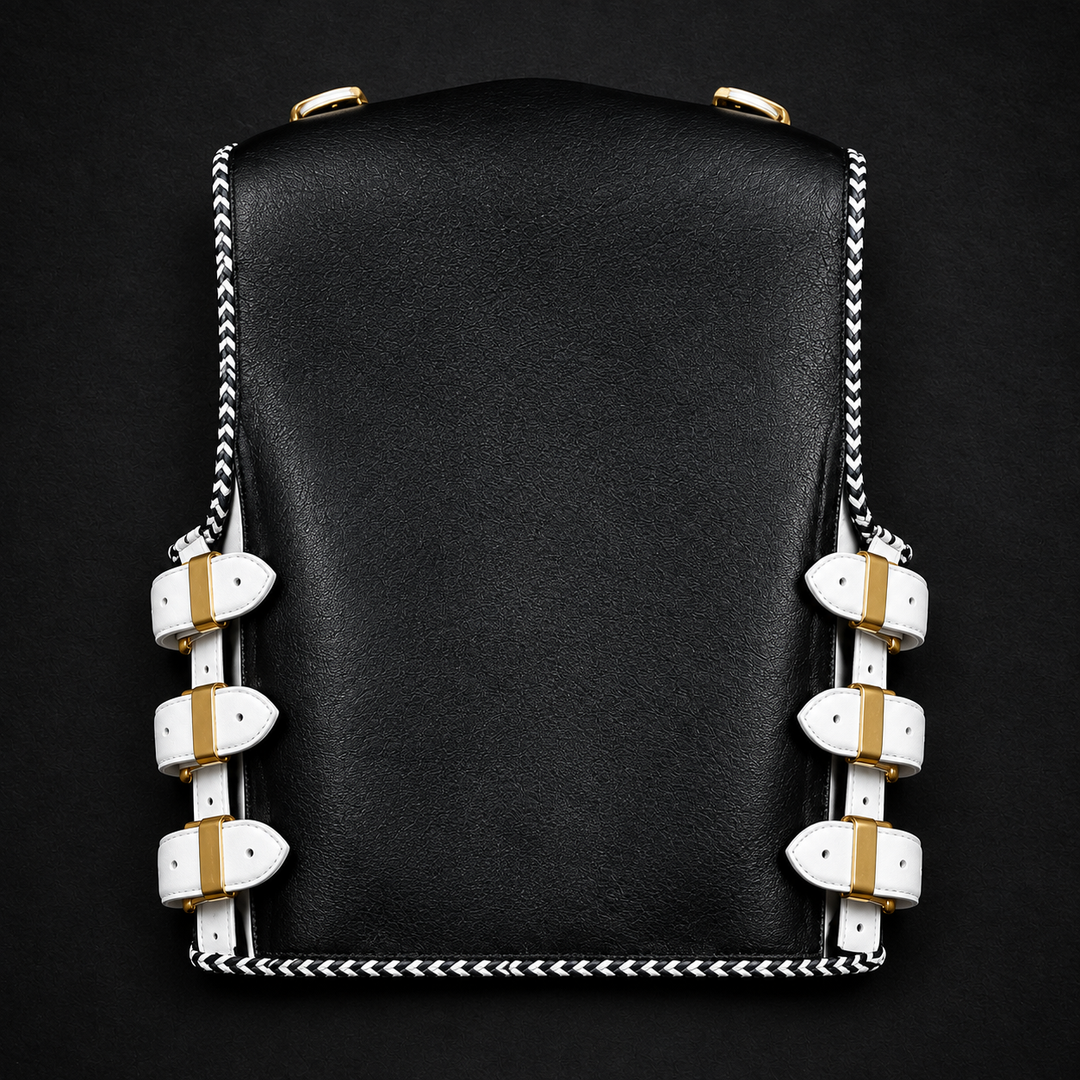 Black Leather Gothic Biker Vest with White Buckle Straps