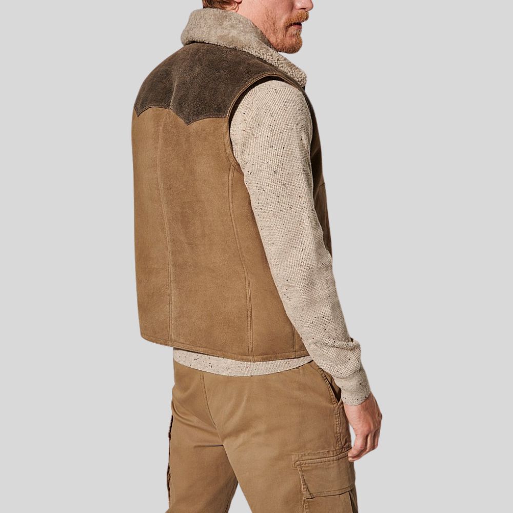 Brown Suede Leather Vest With Sherpa Fur For Men