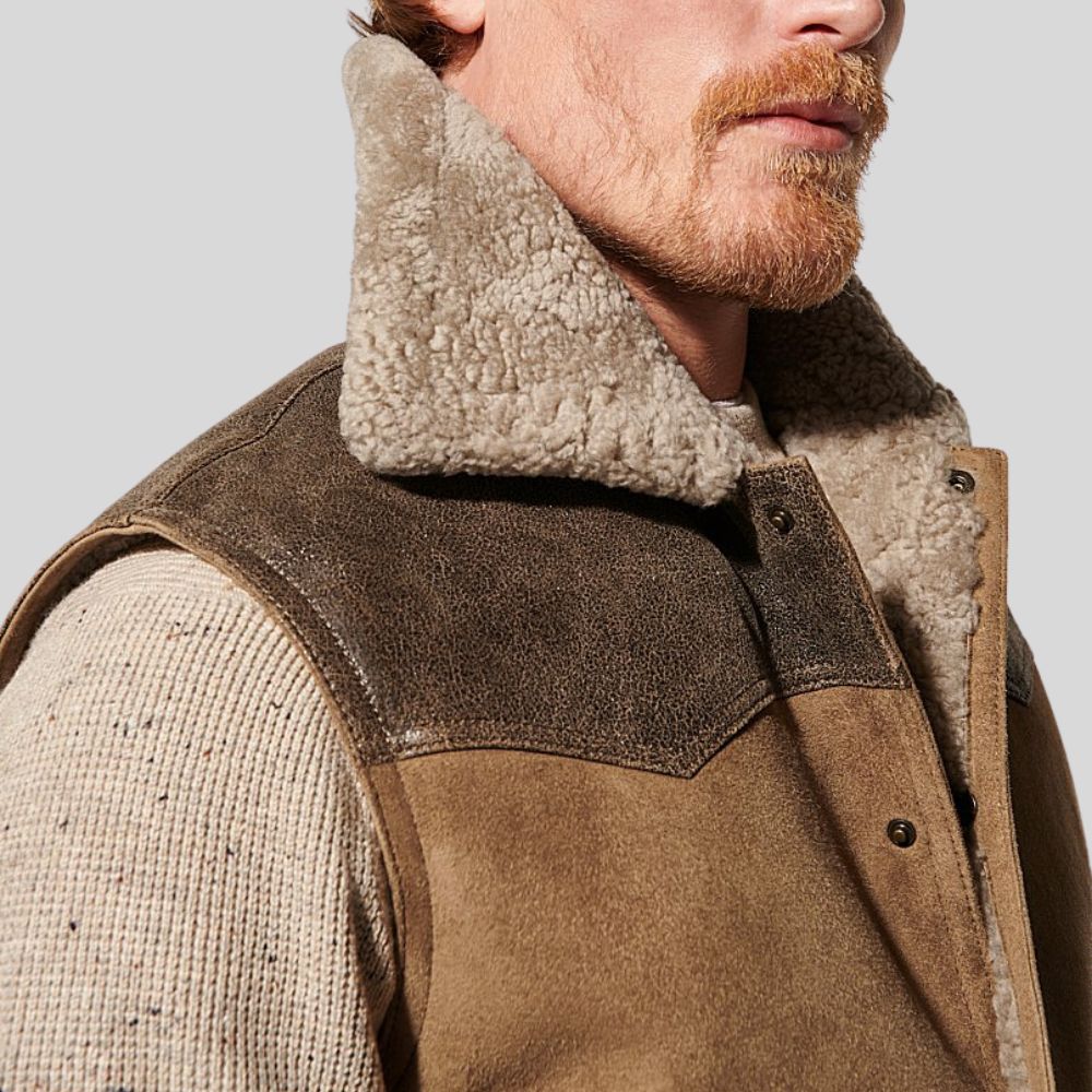 Brown Suede Leather Vest With Sherpa Fur For Men