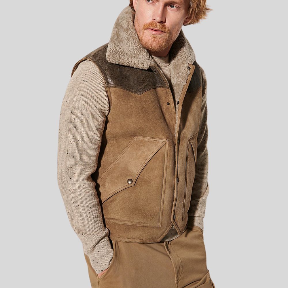 Brown Suede Leather Vest With Sherpa Fur For Men