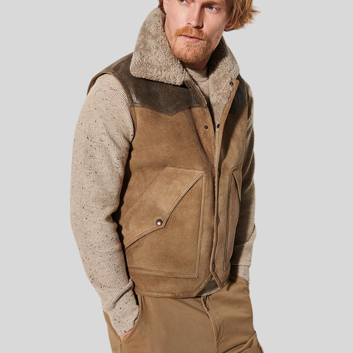 Brown Suede Leather Vest With Sherpa Fur For Men