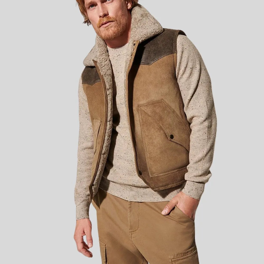 Brown Suede Leather Vest With Sherpa Fur For Men
