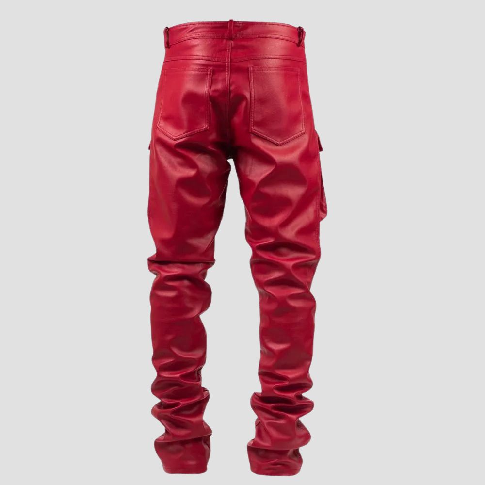 Sheepskin Red Leather Cargo Pants For Men Modern Fashion