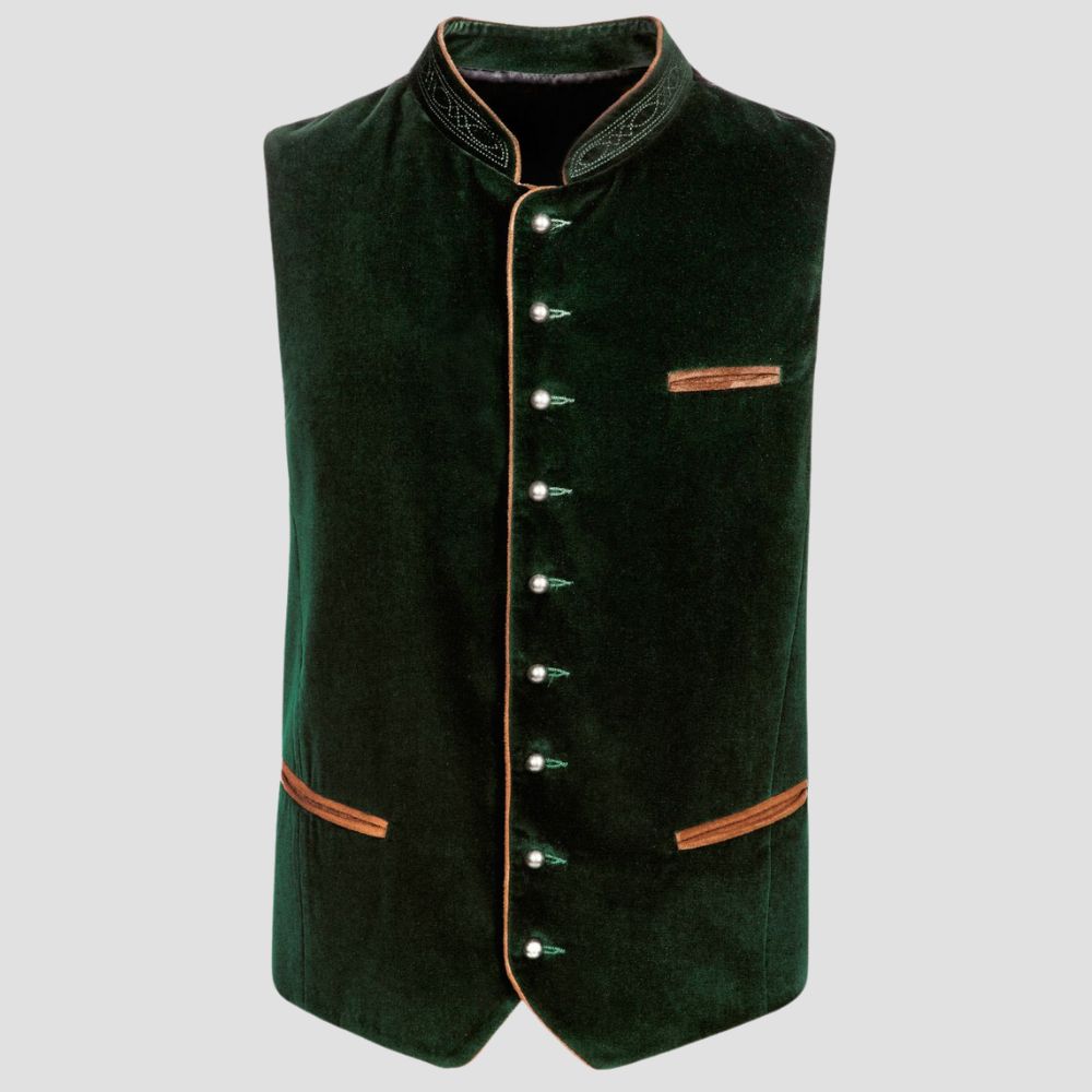 Make a refined statement at any event with this luxury velvet Trachten waistcoat, offering a perfect blend of heritage and modern sophistication.