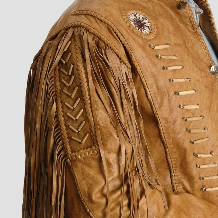 Western-style brown leather jacket with fringe details for men.