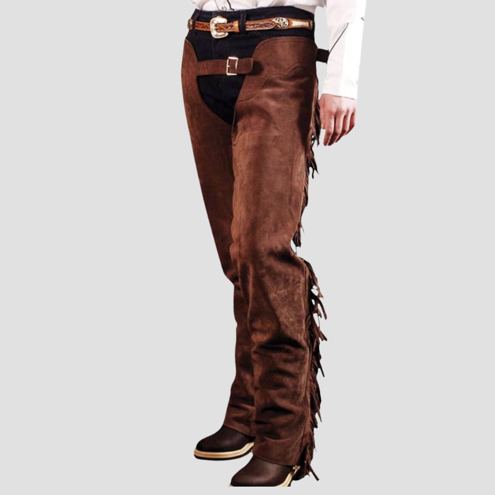 Embrace the western spirit with these authentic leather fringe chaps, perfect for riders who demand style and durability.