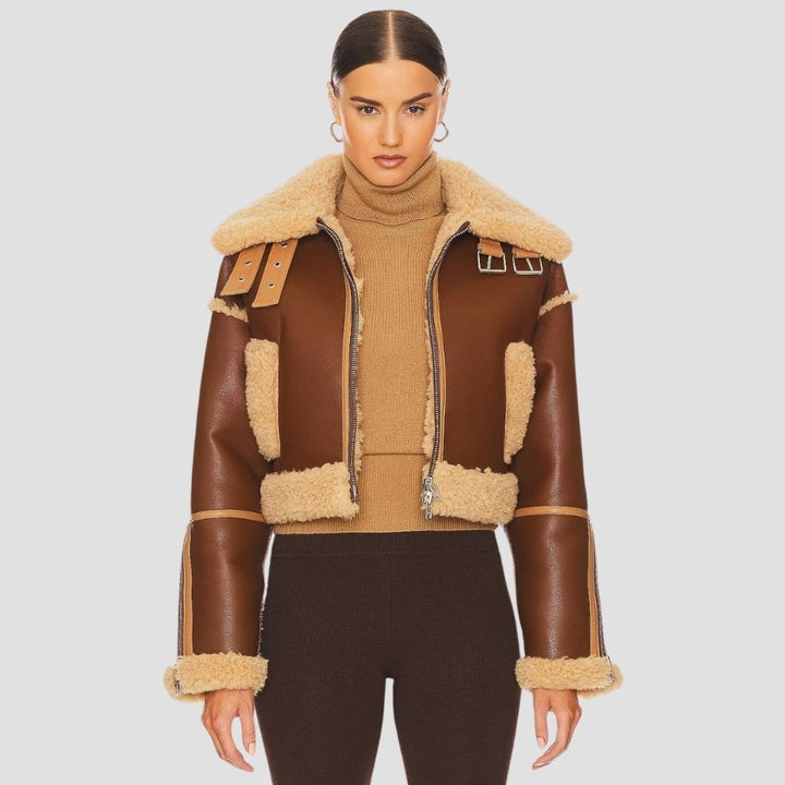 This women’s B3 bomber leather jacket is designed for cold weather fashion. The shearling lining and sleek leather provide both comfort and bold, stylish looks.