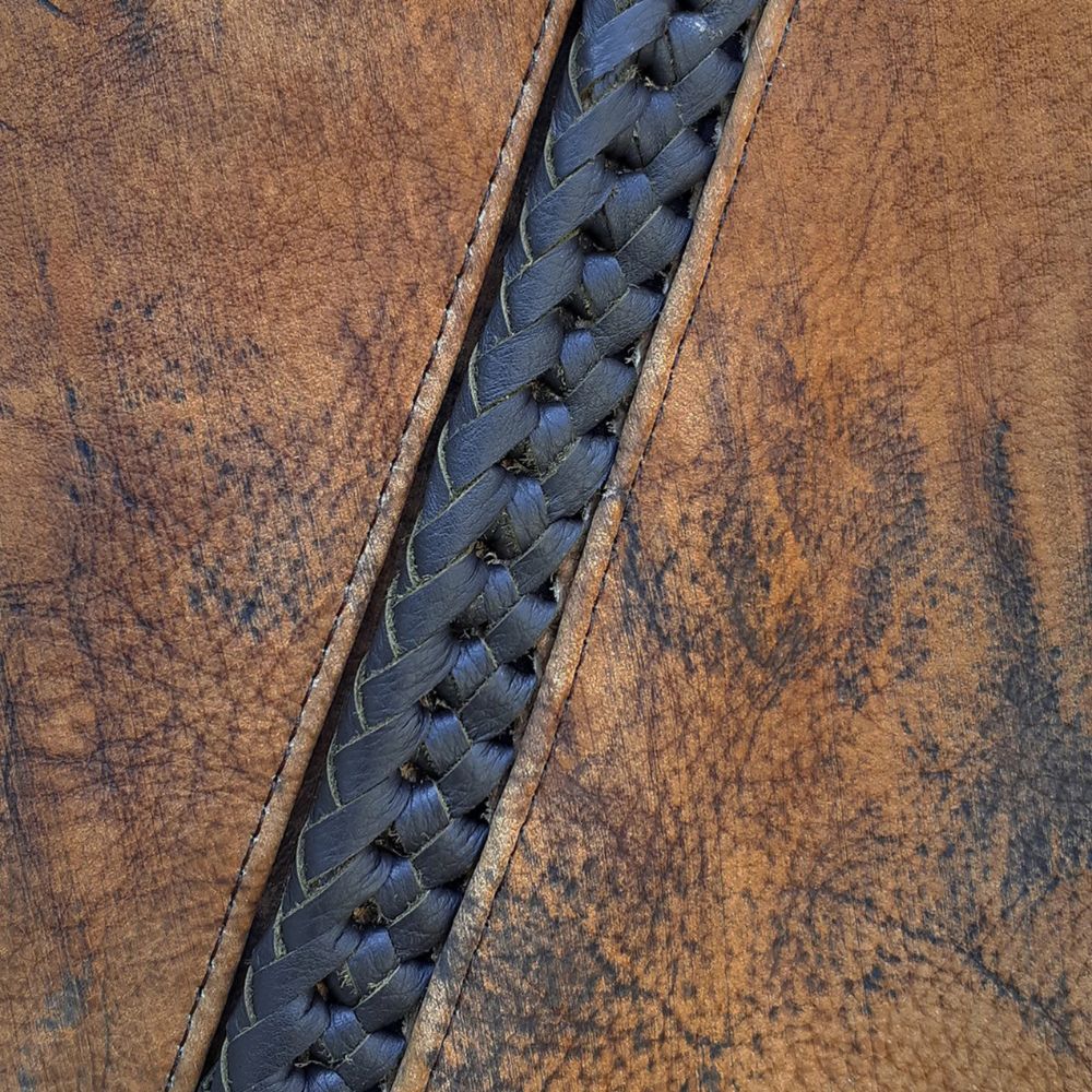 Vintage-inspired distressed leather biker vest in brown for men.