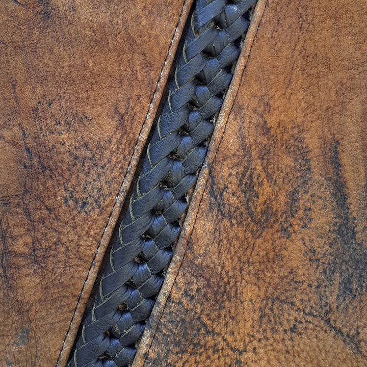 Vintage-inspired distressed leather biker vest in brown for men.