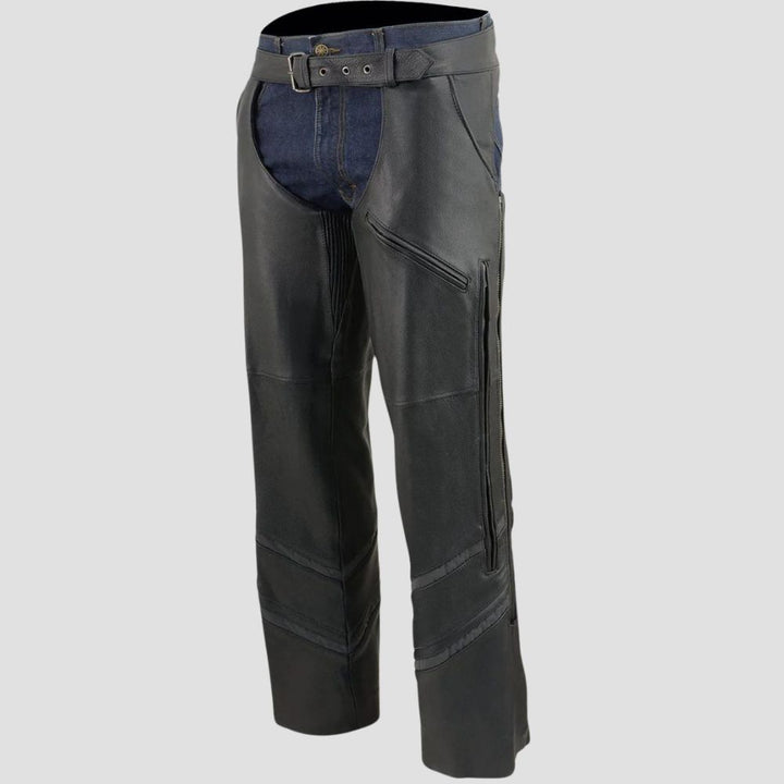 Black leather motorcycle chaps offering style and protection