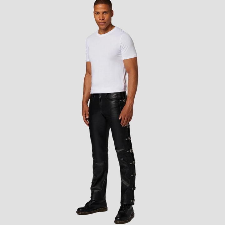 For a unique twist on casual fashion, these black leather pants are a must-have addition to your wardrobe.