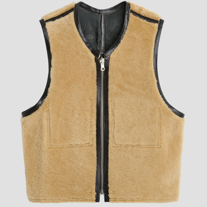 Casual black leather vest with shearling fur lining for everyday wear.