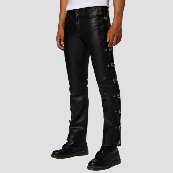 Perfect for modern casual wear, these men’s black leather pants add a touch of bold style to any outfit.