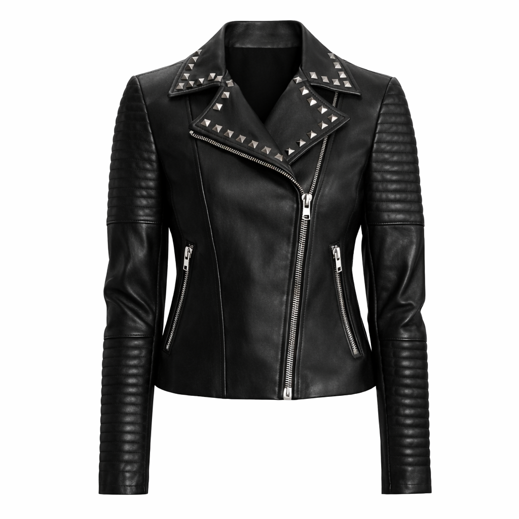 Black studded leather jacket with bold biker style