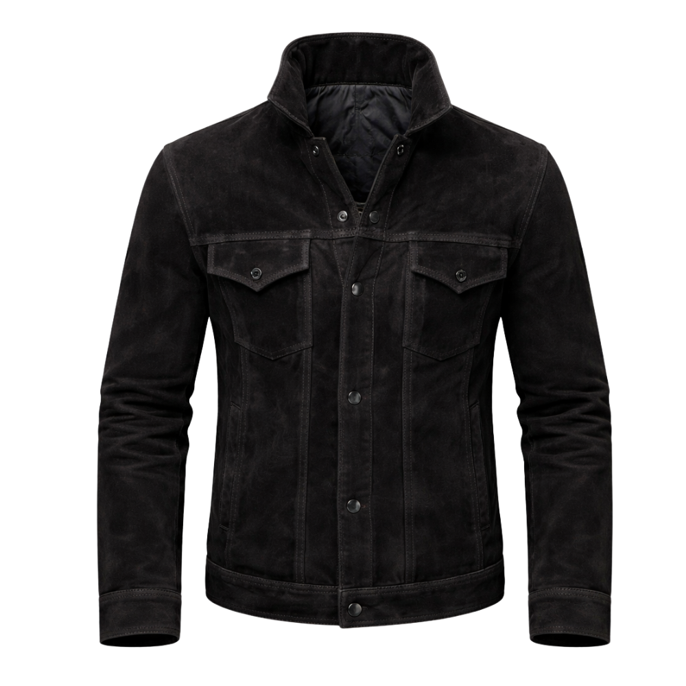 Black suede trucker jacket for men with classic styling