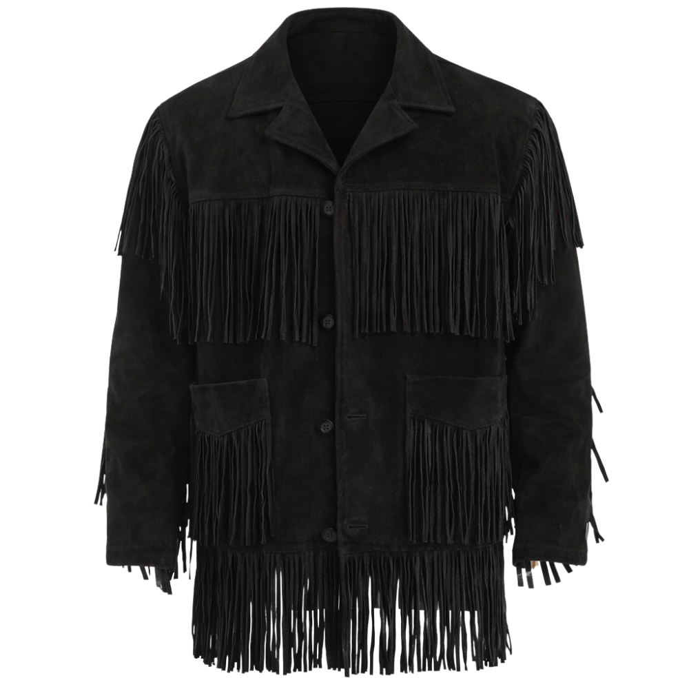 Black suede western fringe jacket with tassel details