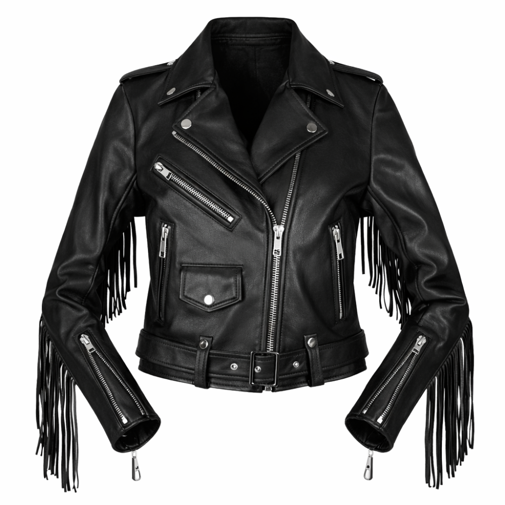 Black western leather motorcycle jacket with classic styling