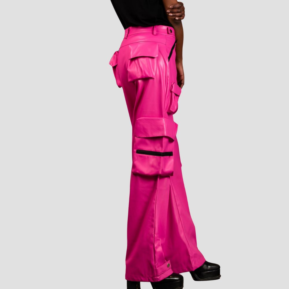 For a chic and daring look, these pink leather cargo pants are a perfect choice to step up your style game.