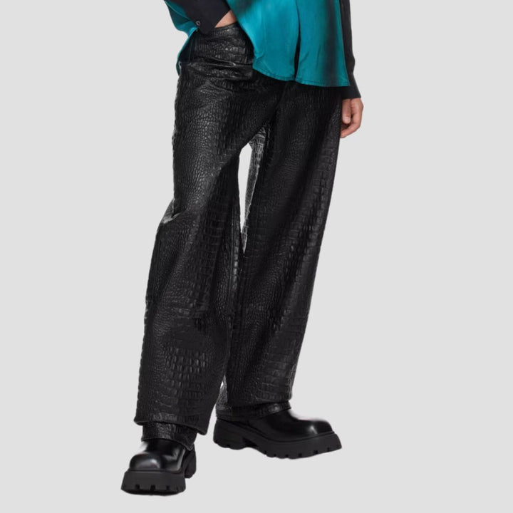 Sleek and edgy black crocodile leather pants for men, ideal for trendy outfits.