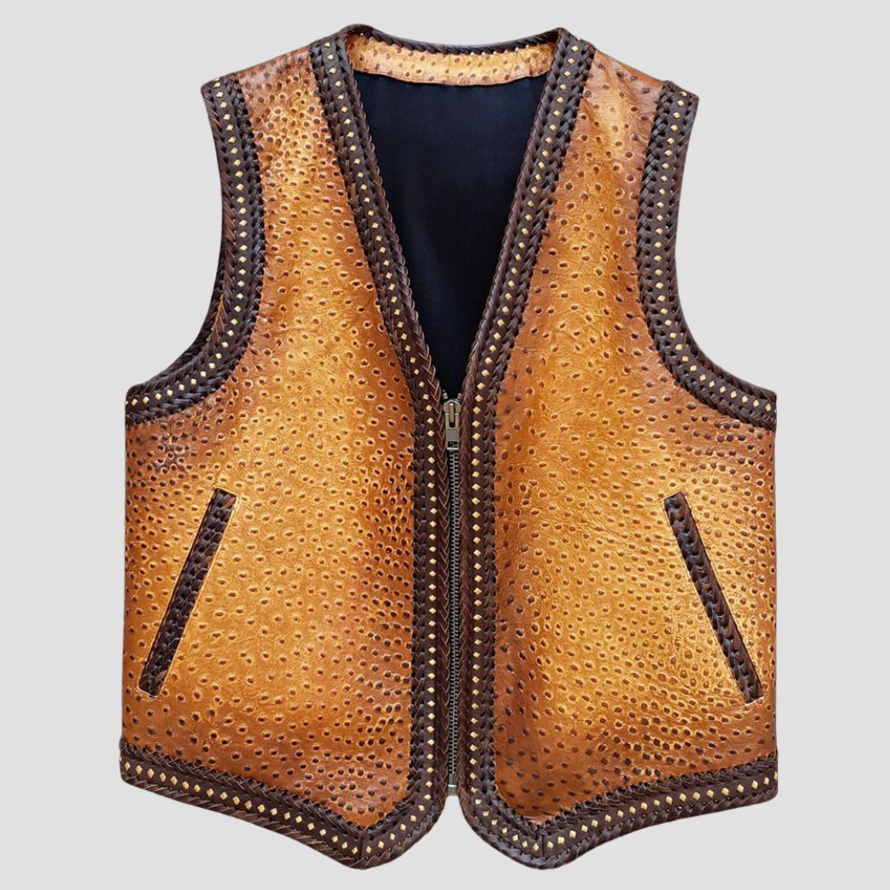 Ride with unmatched style and luxury with this ostrich leather biker vest, made for those who demand top-quality gear.