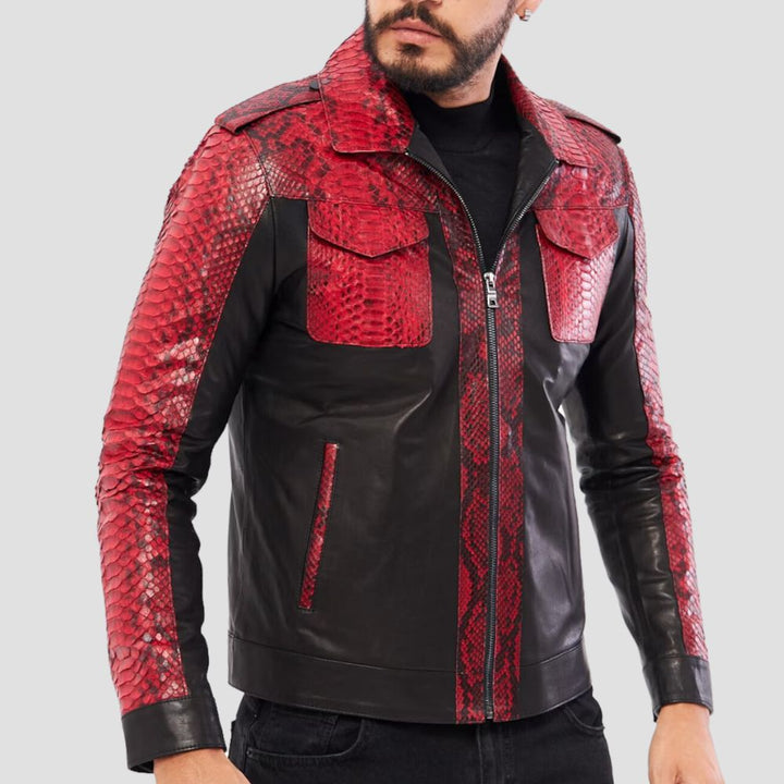 A modern twist on classic streetwear, this men’s snakeskin leather jacket is the perfect addition to your urban wardrobe.