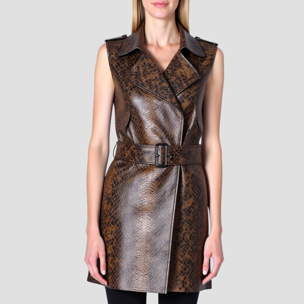 Make a fashion statement with this bold snakeskin trench leather vest for women, crafted for those who love to stand out with trendy styles.