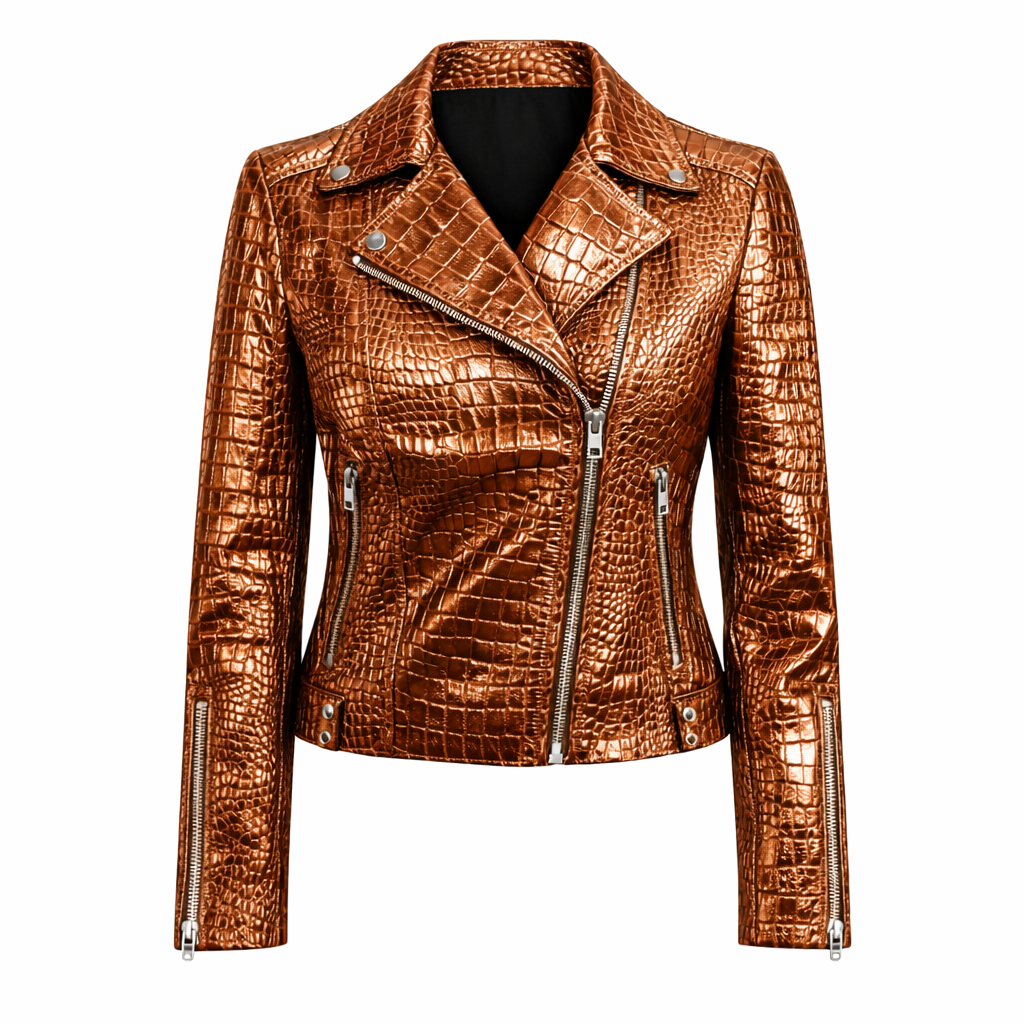 Brown crocodile leather jacket for women with stylish design