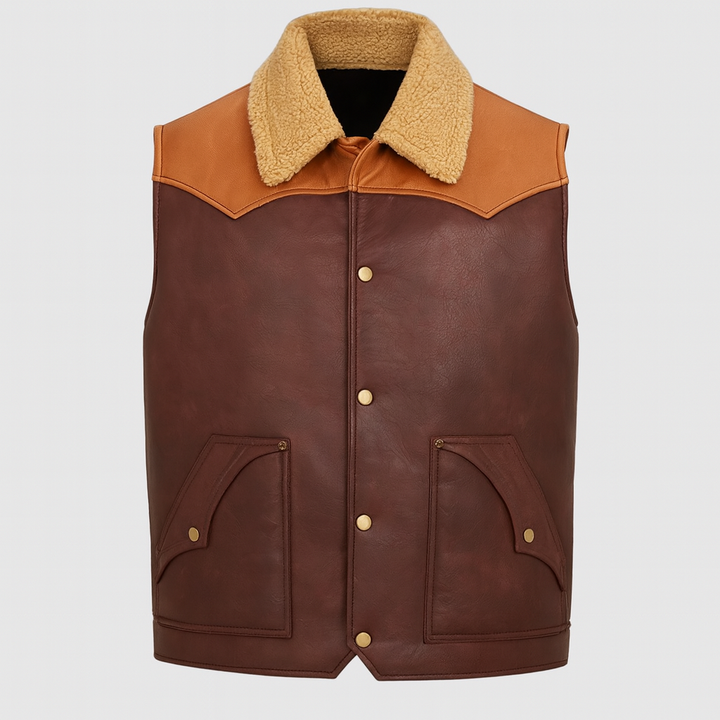 Casual men’s lambskin leather vest with brown curly fur lining