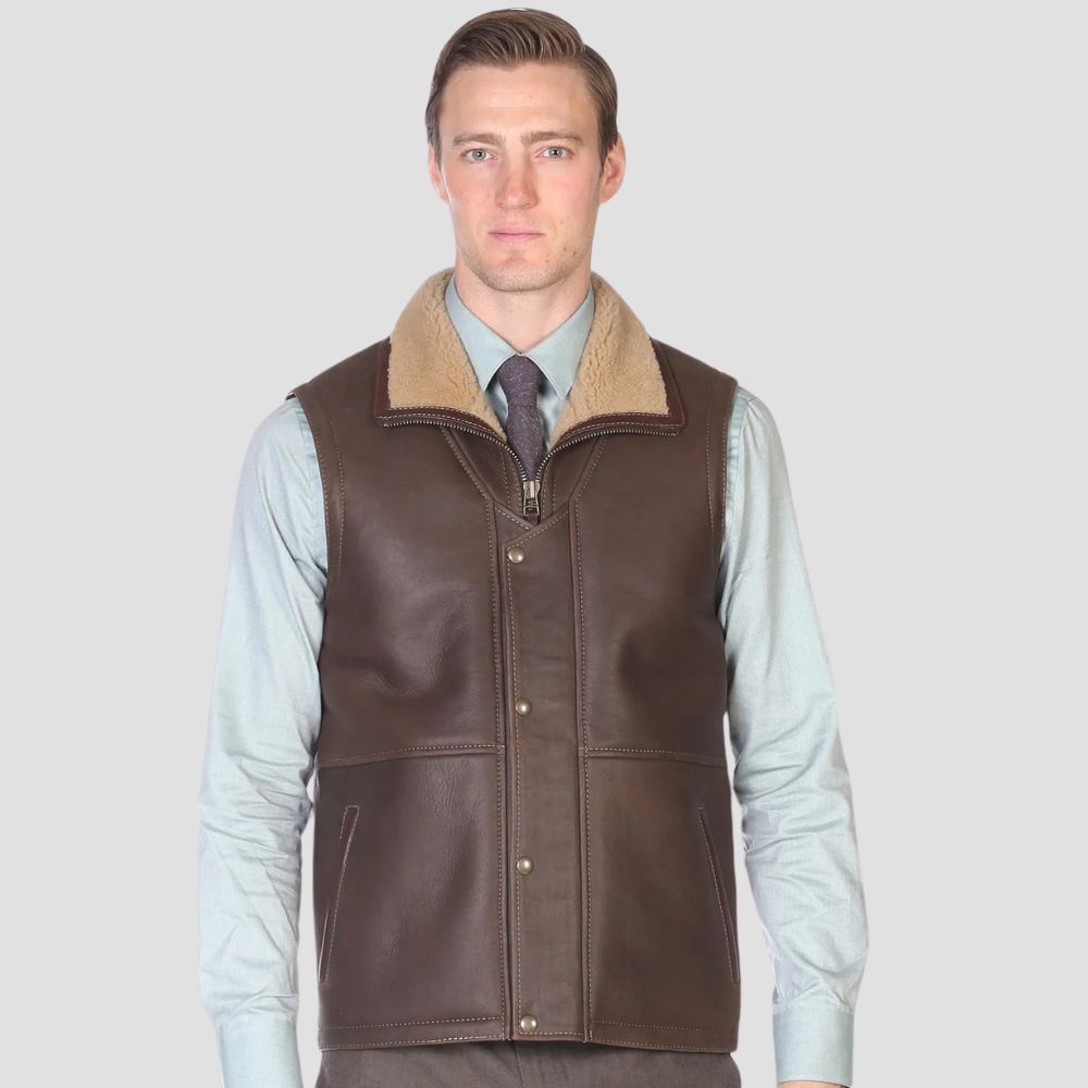 High-quality brown sheepskin waistcoat with curly faux fur lining