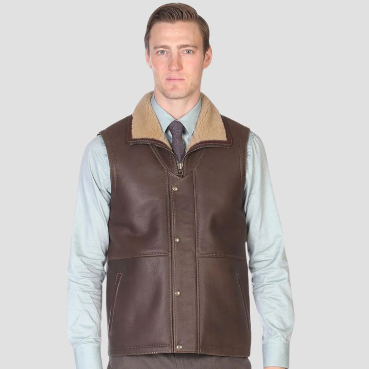 High-quality brown sheepskin waistcoat with curly faux fur lining