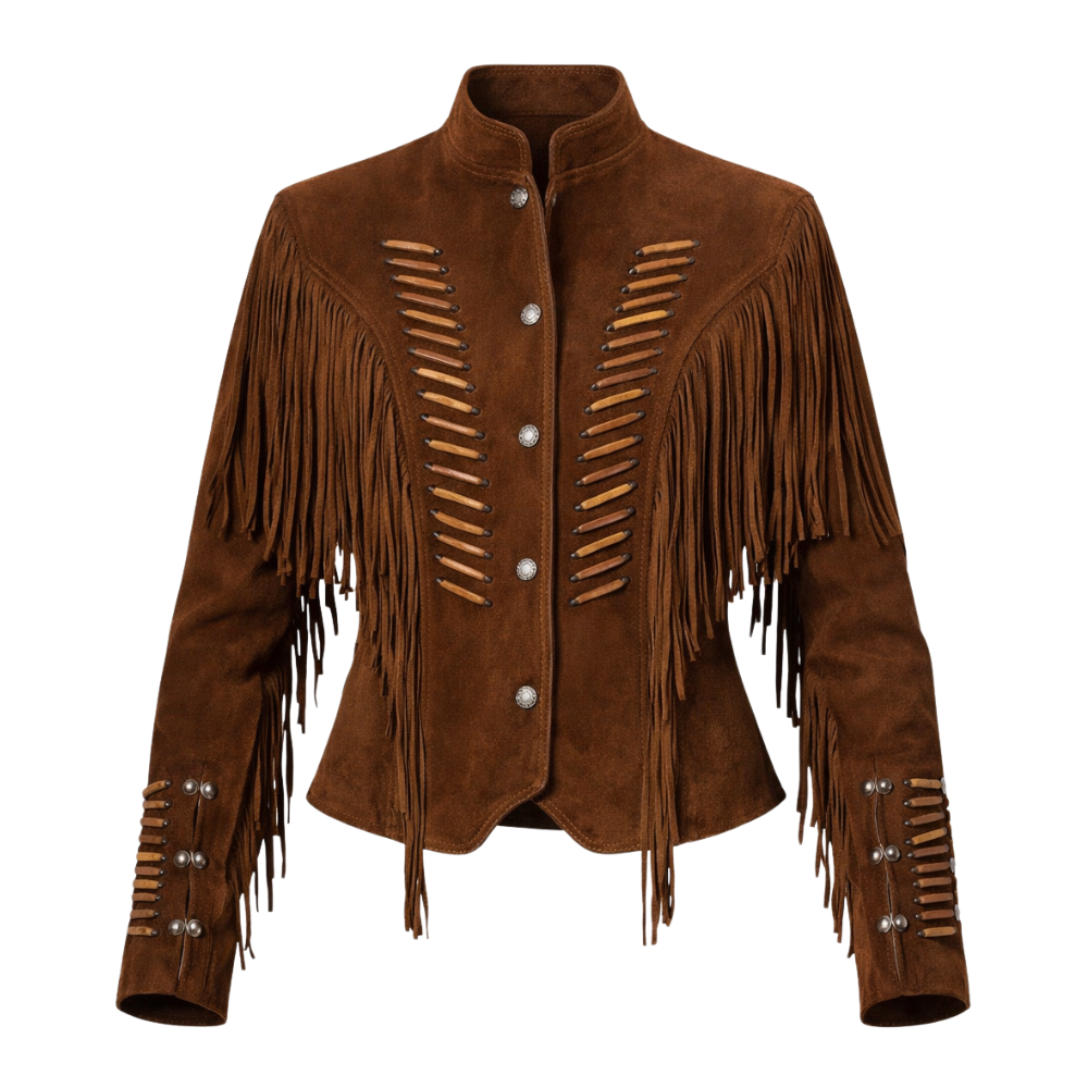 brown suede western fringe jacket with tassel details