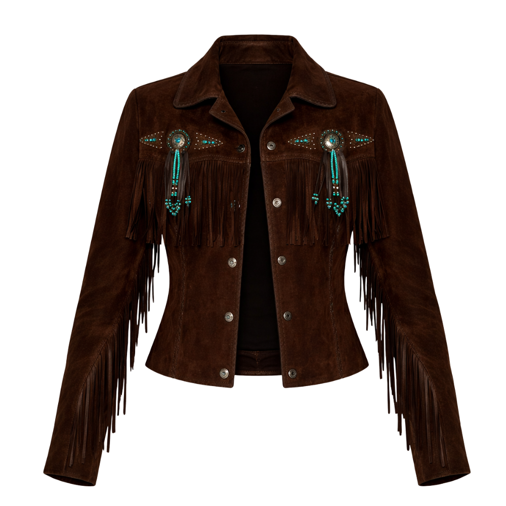 Brown suede western fringes jacket with stylish design for women