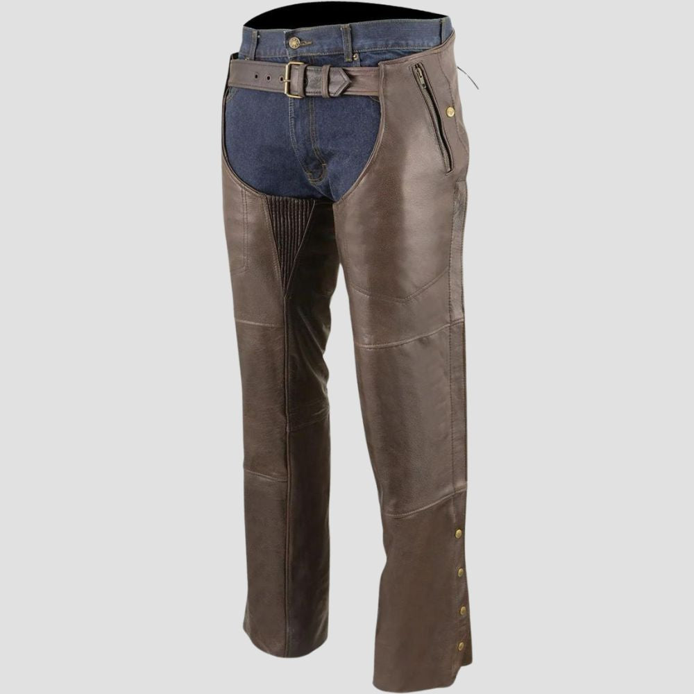 Elevate your riding experience with these authentic leather chaps, combining practical protection with stylish fashion.