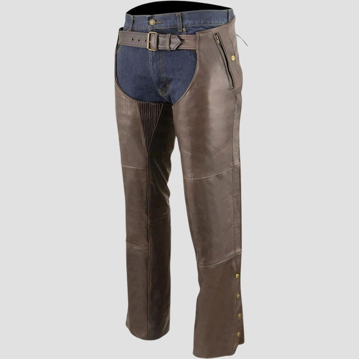 Elevate your riding experience with these authentic leather chaps, combining practical protection with stylish fashion.