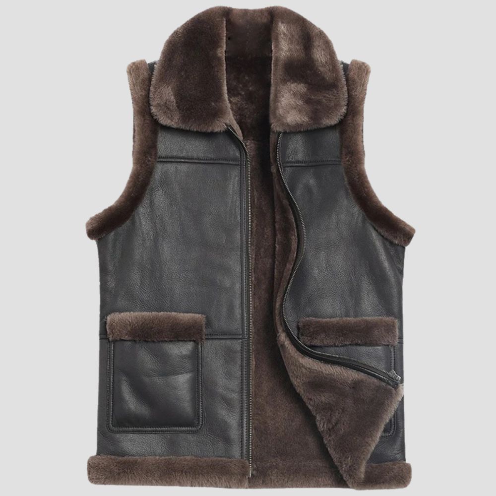 Elevate your winter wardrobe with this stylish black leather Sherpa vest, designed for both warmth and fashion.