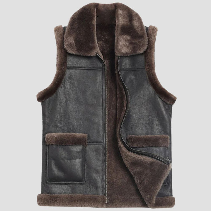 Elevate your winter wardrobe with this stylish black leather Sherpa vest, designed for both warmth and fashion.