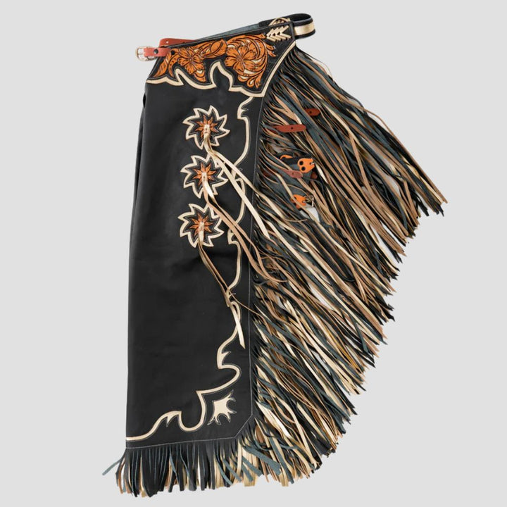 Elevate your competition style with these stylish rodeo leather chaps, designed for performance and western fashion.