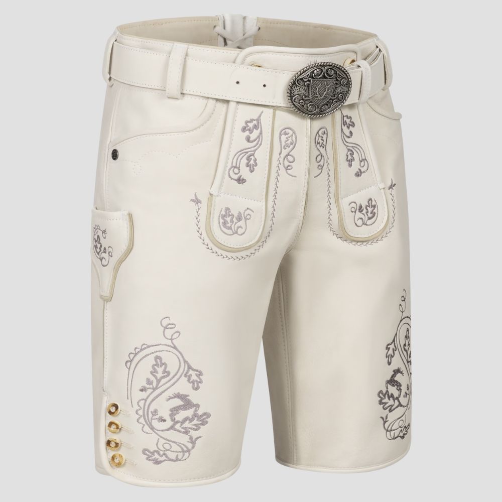 Celebrate Bavarian tradition in stunning white Lederhosen, perfect for Oktoberfest and other cultural events.