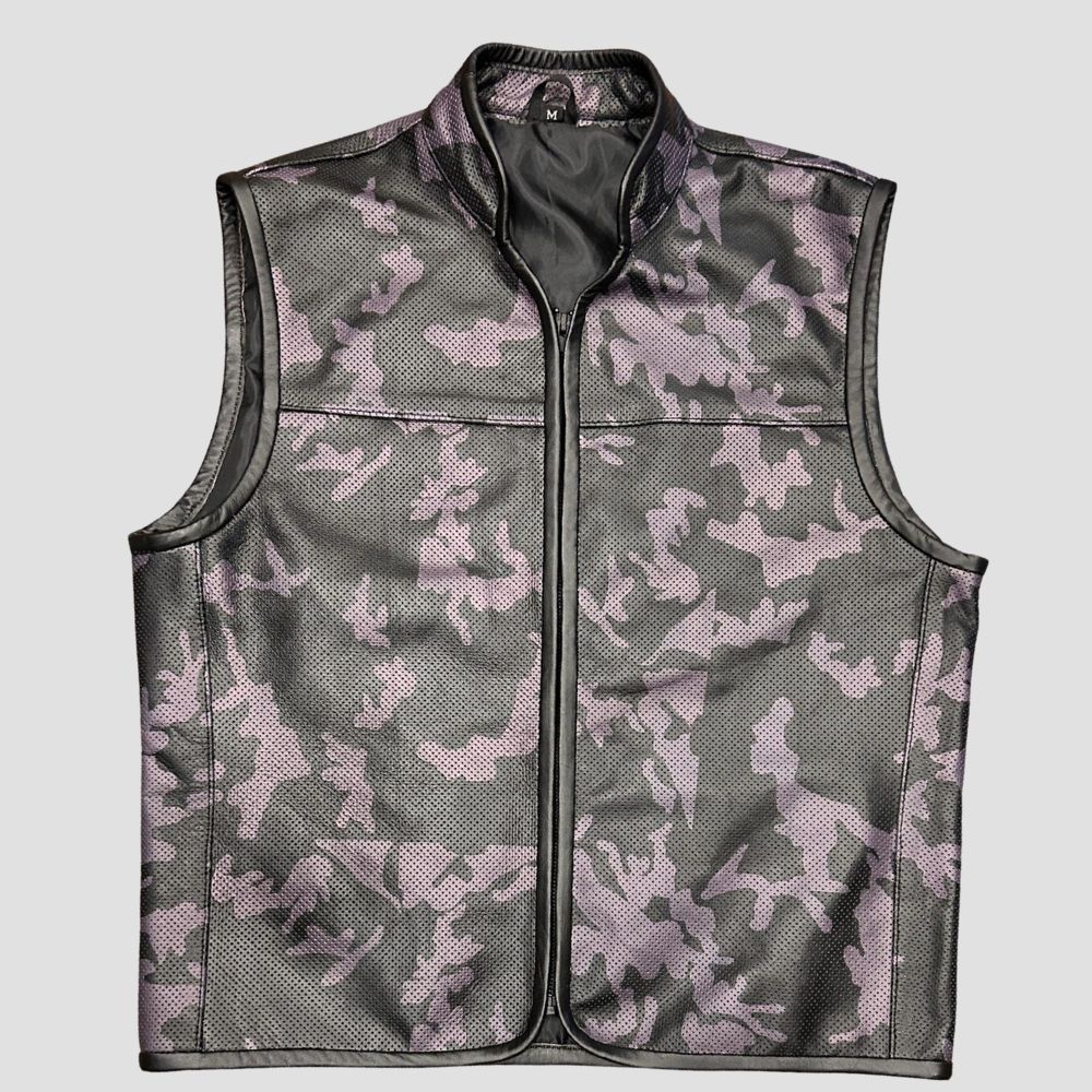 Camouflage leather biker vest for men with sheepskin leather outer