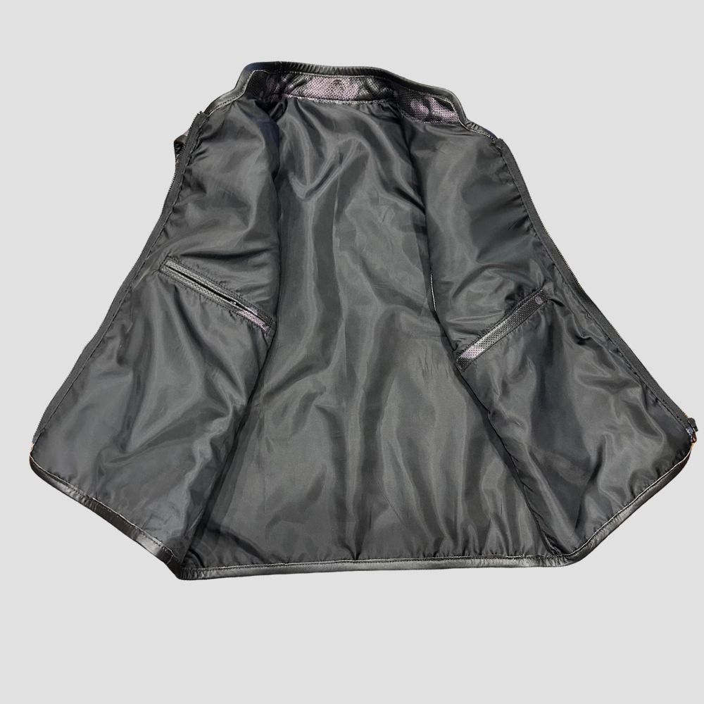Unique camouflage leather vest for men, perfect for biker and street style.