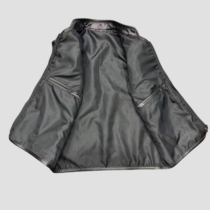 Unique camouflage leather vest for men, perfect for biker and street style.