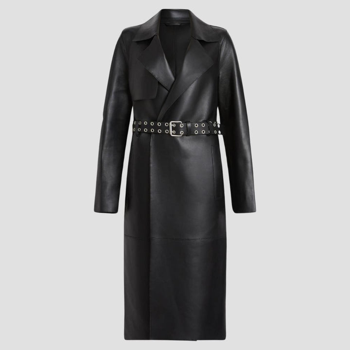 Classic yet modern, this designer black trench coat for women offers a sophisticated, chic look for urban fashion lovers seeking elegance and versatility.