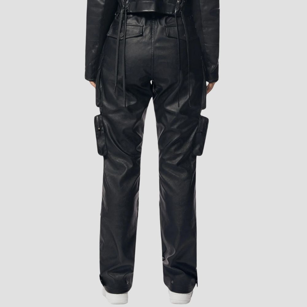 Complete your wardrobe with these versatile black leather cargo pants, blending comfort and fashion for a truly chic look.